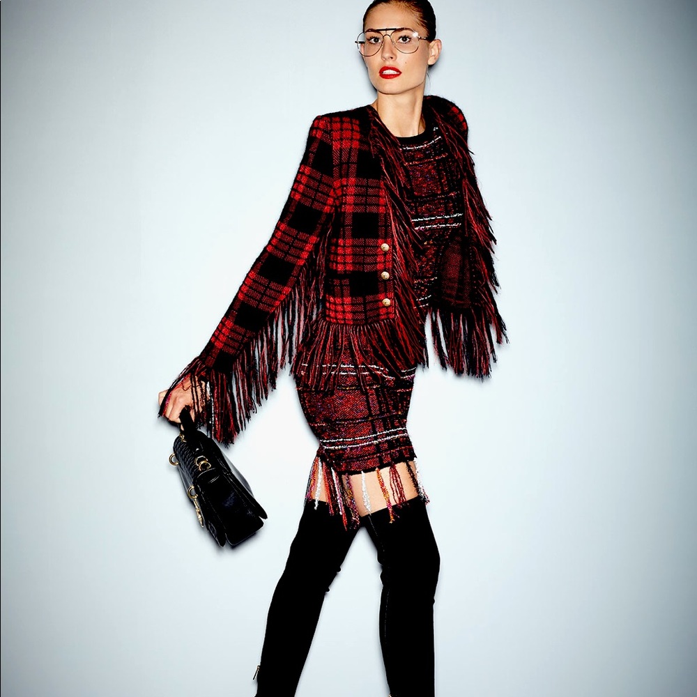 Balmain Plaid Fringe knit Jacket Sz EU 38 /4